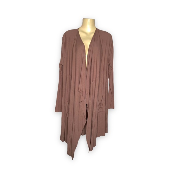 Umgee Long Cardigan Duster Waterfall Raw Hem Ribbed Mocha Tan XL - Picture 1 of 9